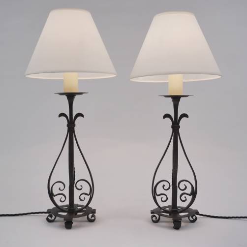 Arts & Crafts Townshends style pair antique wrought iron candlestick table lamps, 1920`s ca, English